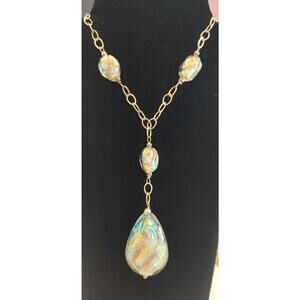 Bolivia Necklace Marked OR925 1/5 14K Glass Beads Teardrop Dangle 17”